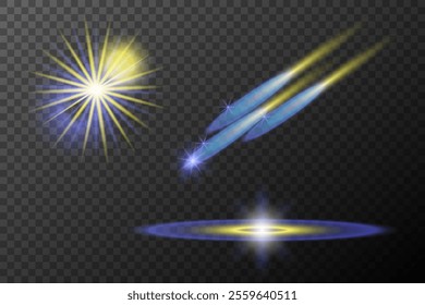 Set of light effects isolated flare explosion shiny line dust solar flare star spark neon light holidays festival, vector element blue yellow