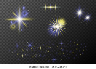 Set of light effects isolated flare explosion shiny line dust solar flare star spark neon light holidays festival, vector element blue yellow