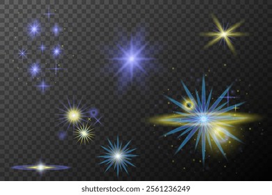 Set of light effects isolated flare explosion shiny line dust solar flare star spark neon light holidays festival, vector element blue yellow
