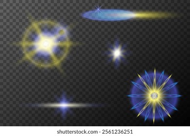 Set of light effects isolated flare explosion shiny line dust solar flare star spark neon light holidays festival, vector element blue yellow