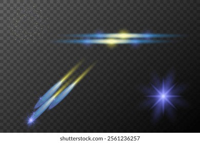 Set of light effects isolated flare explosion shiny line dust solar flare star spark neon light holidays festival, vector element blue yellow