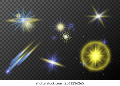 Set of light effects isolated flare explosion shiny line dust solar flare star spark neon light holidays festival, vector element blue yellow