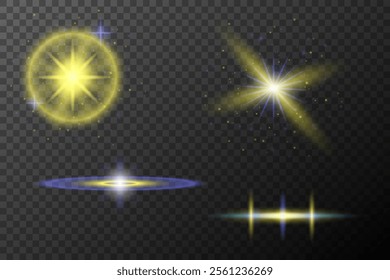 Set of light effects isolated flare explosion shiny line dust solar flare star spark neon light holidays festival, vector element blue yellow