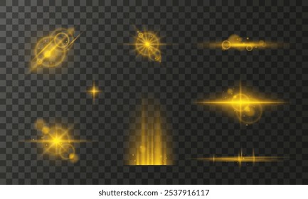Conjunto de efeitos de luz em um plano de fundo transparente escuro. Brilho e brilho, faísca. Ilustração de estoque de vetor.