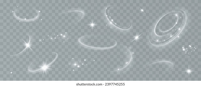 A set of light effects on a transparent background for advertising. Stars, breezes, lines, curls, dust, glitter explosion. Light effect for children's toys.