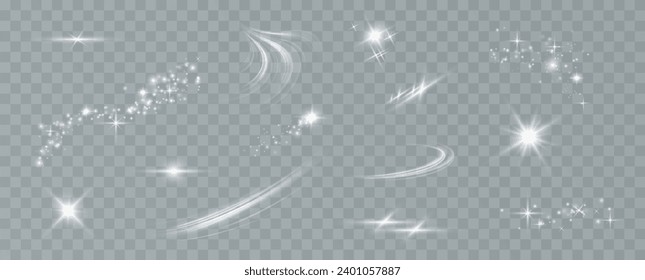 A set of light effects on a transparent background for advertising. Stars, breezes, lines, curls, dust, glitter explosion. Light effect for children's toys.	