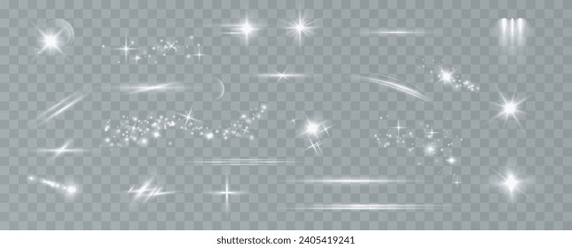 A set of light effects on a transparent background for advertising. Stars, breezes, lines, curls, dust, glitter explosion. Light effect for children's toys.