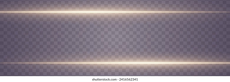 Set of light effects on a transparent background. Golden horizontal glowing neon lines. Golden glowing dust and glare of light. Vector illustration. EPS 10	
