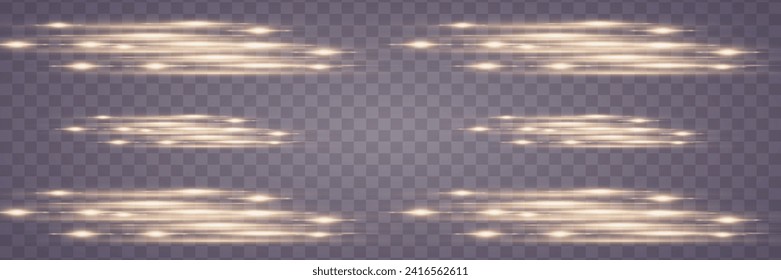 Set of light effects on a transparent background. Golden horizontal glowing neon lines. Golden glowing dust and glare of light. Vector illustration. EPS 10