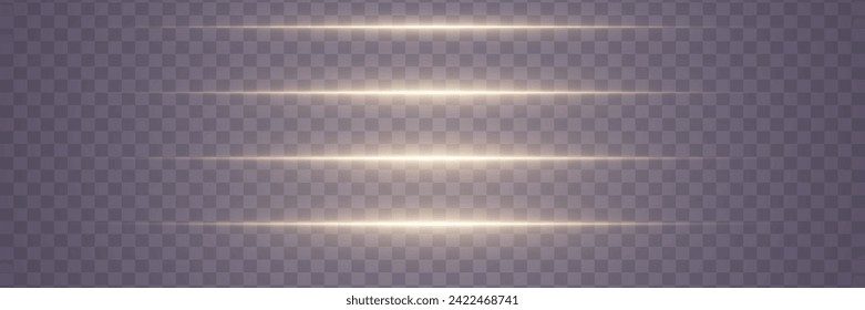 Set of light effects on a transparent background. Golden horizontal glowing neon lines. Golden glowing dust and glare of light. Vector illustration. EPS 10