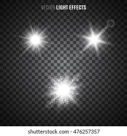 Set of light effects on transparent background. White starlight, sun rays, flares, sparkles. Glittering lights. Vector illustration.