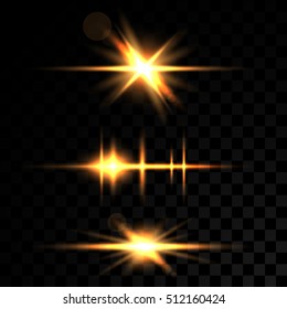 A set of light effects on a transparent background. Golden color. Neon glow, magical light, glowing, illuminated. Line vector. 