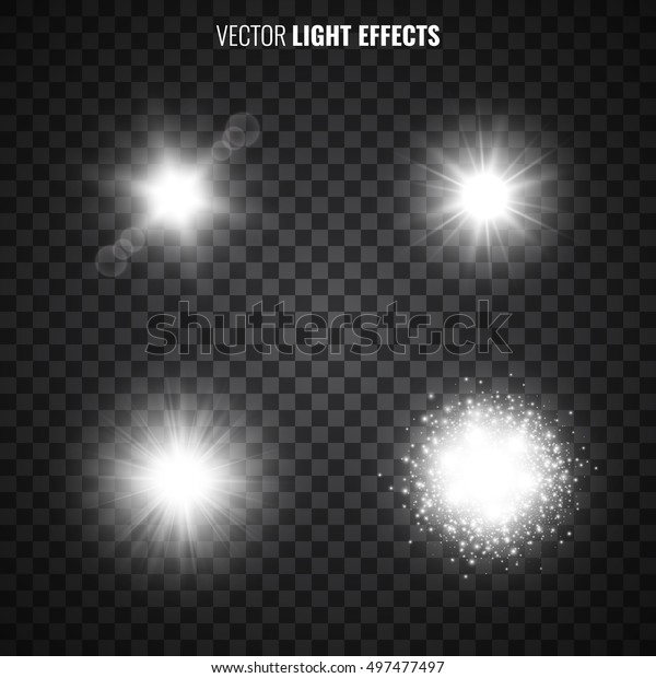 透明な背景にライトエフェクトのセット 白い星の光 太陽の光 フレア きらめき きらめく光 ベクターイラスト のベクター画像素材 ロイヤリティフリー