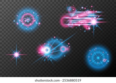 Set Light effects pink blue isolated flare explosion shiny dust line solar flare spark star neon light, vector effect	
