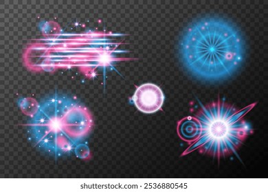 Set Light effects pink blue isolated flare explosion shiny dust line solar flare spark star neon light, vector effect	
