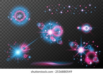 Set Light effects pink blue isolated flare explosion shiny dust line solar flare spark star neon light, vector effect	
