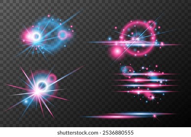 Set Efectos de luz rosa azul explosión de destello aislado línea de polvo brillante chispa solar estrella luz de neón, efecto de Vector	
