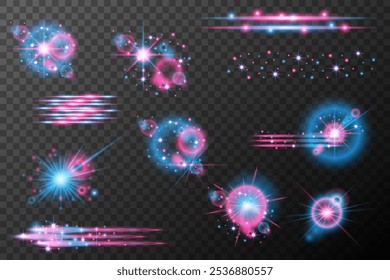 Set Light effects pink blue isolated flare explosion shiny dust line solar flare spark star neon light, vector effect	
