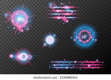 Set Efectos de luz rosa azul explosión de destello aislado línea de polvo brillante chispa solar estrella luz de neón, efecto de Vector	
