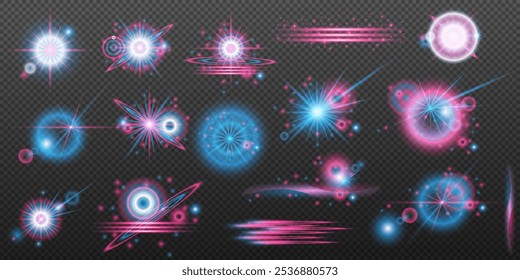 Set Efectos de luz rosa azul explosión de destello aislado línea de polvo brillante chispa solar estrella luz de neón, efecto de Vector	
