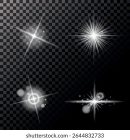Set of light effects silver white glowing light isolated on transparent background. Solar flare with rays and glare. Glow effect. Star burst with shimmering sparkles