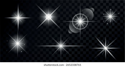 Conjunto de efeitos de luz prata branco brilhante luz isolada no fundo transparente. Explosão solar com raios e brilho. Efeito de brilho. Explosão de estrela com brilhos cintilantes