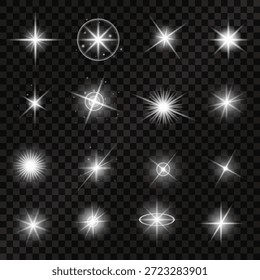 Set von Lichteffekten silberweiß leuchtendes Licht einzeln auf transparentem Hintergrund. Sonneneruption mit Strahlen und Blendung. Glüheffekt. Der Stern platzte mit glitzernden Funkeln.