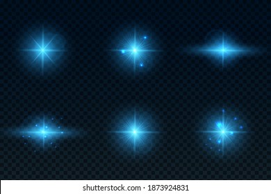 A set of light effects of six lens flares. Christmas and New Year effect with magic particles on a transparent background. Glare and light stripes. Vector illustration