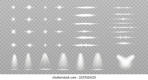Set of light effects spotlight glowing light isolated on transparent background. light lines. Solar flare with rays and glare. Glow effect. Starburst with shimmering sparkles.	
