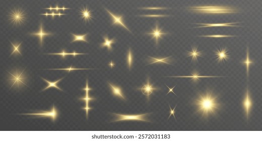 Set of light effects stars, glare, spotlights yellow color on isolated transparent background. Sunlight, abstract special effect.	