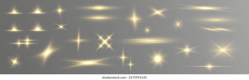 Set of light effects stars, glare, spotlights yellow color on isolated transparent background. Sunlight, abstract special effect.	