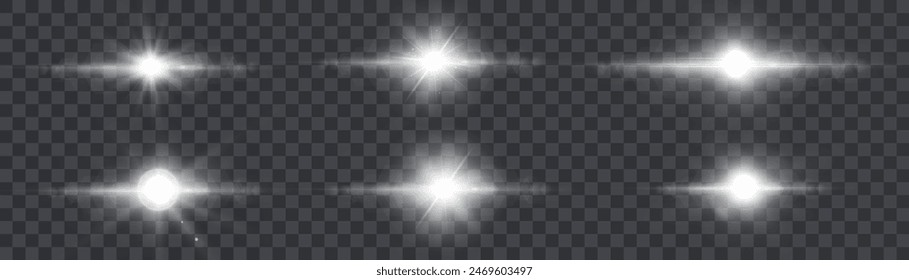 Set of light effects of translucent glowing light isolated on transparent background. Solar flare with rays and glare. Glow effect. Starbursts with shimmering sparkles.