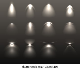 Set of light effects from various artificial lamps of white color on black background isolated vector illustration 