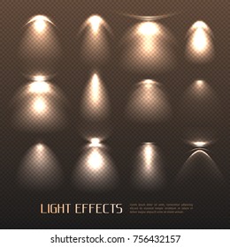 Set of light effects of various intensity from electric lamps on transparent background isolated vector illustration  