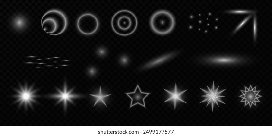 Set light effects Vector circles, stars, abstract space figures. White flares, sparkles. Glittering lights. Radiant effect, glow, line, wave, dots.