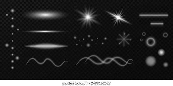 Set light effects Vector illustration. White starlight, sun rays, flares, sparkles. Glittering lights. Radiant effect, glow, star, circle, line, wave, dots.