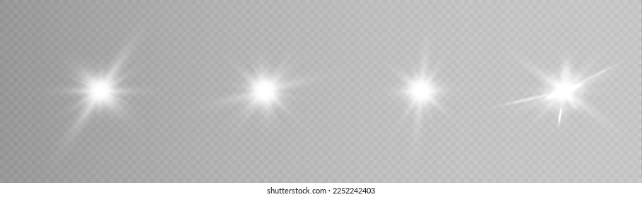 Set of light effects white glowing light isolated on transparent background. Solar flare with rays and glare. Glow effect. Starburst with shimmering sparkles.