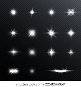 Set of light effects white glowing light isolated on transparent background. Solar flare with rays and glare. Glow effect. Starburst with shimmering sparkles.illustrations.