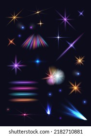 Set light effects yellow bright on dark background. Magic collection lights for holiday. Lights from the spotlights. Vector shiny light in space