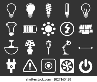 Set of light electricity icons isolated on a dark background. Set of light bulbs, lamps, socket, electric plug, socket, switch, extension cord, vector isolated electrification icon