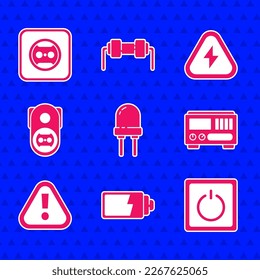 Set Light emitting diode, Battery charge level indicator, Electric light switch, Electrical measuring instruments, Exclamation mark triangle, outlet, High voltage and  icon. Vector