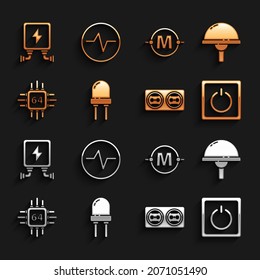Set Light emitting diode, Electric light switch, Electrical outlet, Processor with microcircuits CPU, scheme, transformer and  icon. Vector