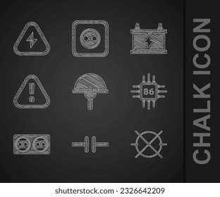 Set Light emitting diode, Electric circuit scheme, Processor with microcircuits CPU, Electrical outlet, Exclamation mark triangle, Car battery and High voltage icon. Vector