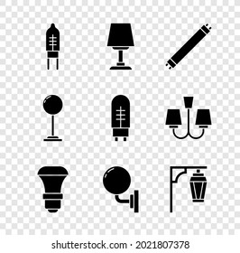 Establecer diodo emisor de luz, lámpara de mesa, fluorescente, bombilla LED, espacio de pared, calle vintage, piso e icono. Vector
