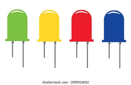 Set of light emitting diodes, green, yellow, red and blue LED lamps. Electronic macro equipment. Vector illustration isolated on white background. 