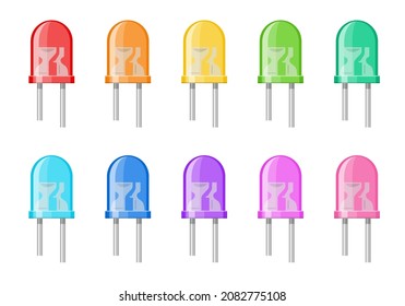 Set of light emitting diodes isolated on white background. Colorful illuminated elements, semiconductor device. LED light bulb electrical component. Vector illustration