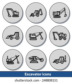 Set of light excavator icons with reflection line and thin lines