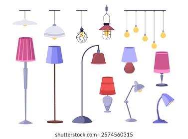 Set of light fixtures. Chandeliers, table lamps, floor lamps, outdoor lights. Vector collection in a flat style