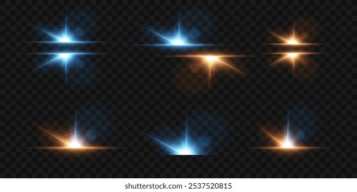 Set of light flashes and glare, glowing star effect, magic light.