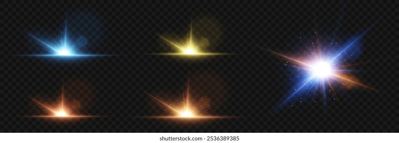 Set of light flashes and highlights, glowing star effect. On a transparent background.
